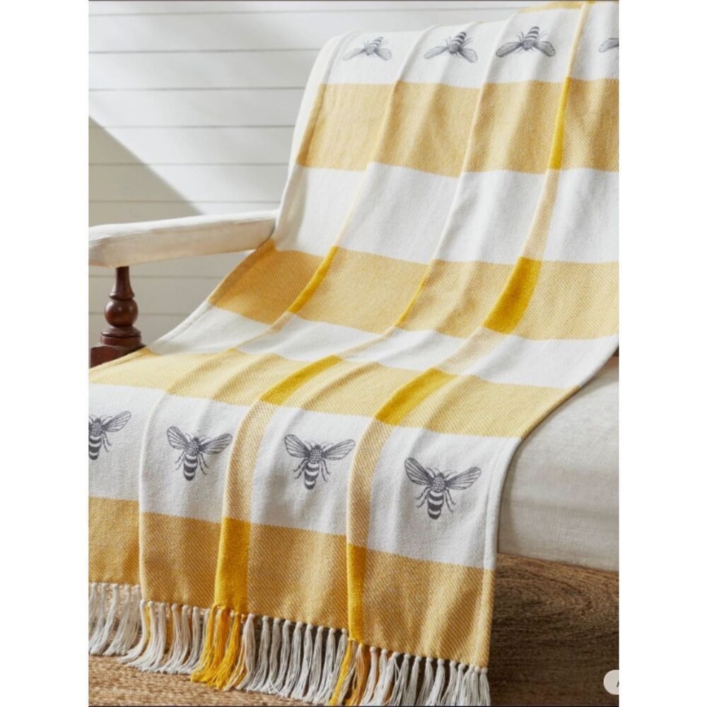 Bumble Bee Woven Cotton Throw Blanket Honey Bee Farmhouse Fringed